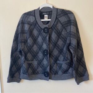 Jones New York Charcoal Plaid Cardigan, 100% merino wool, size small